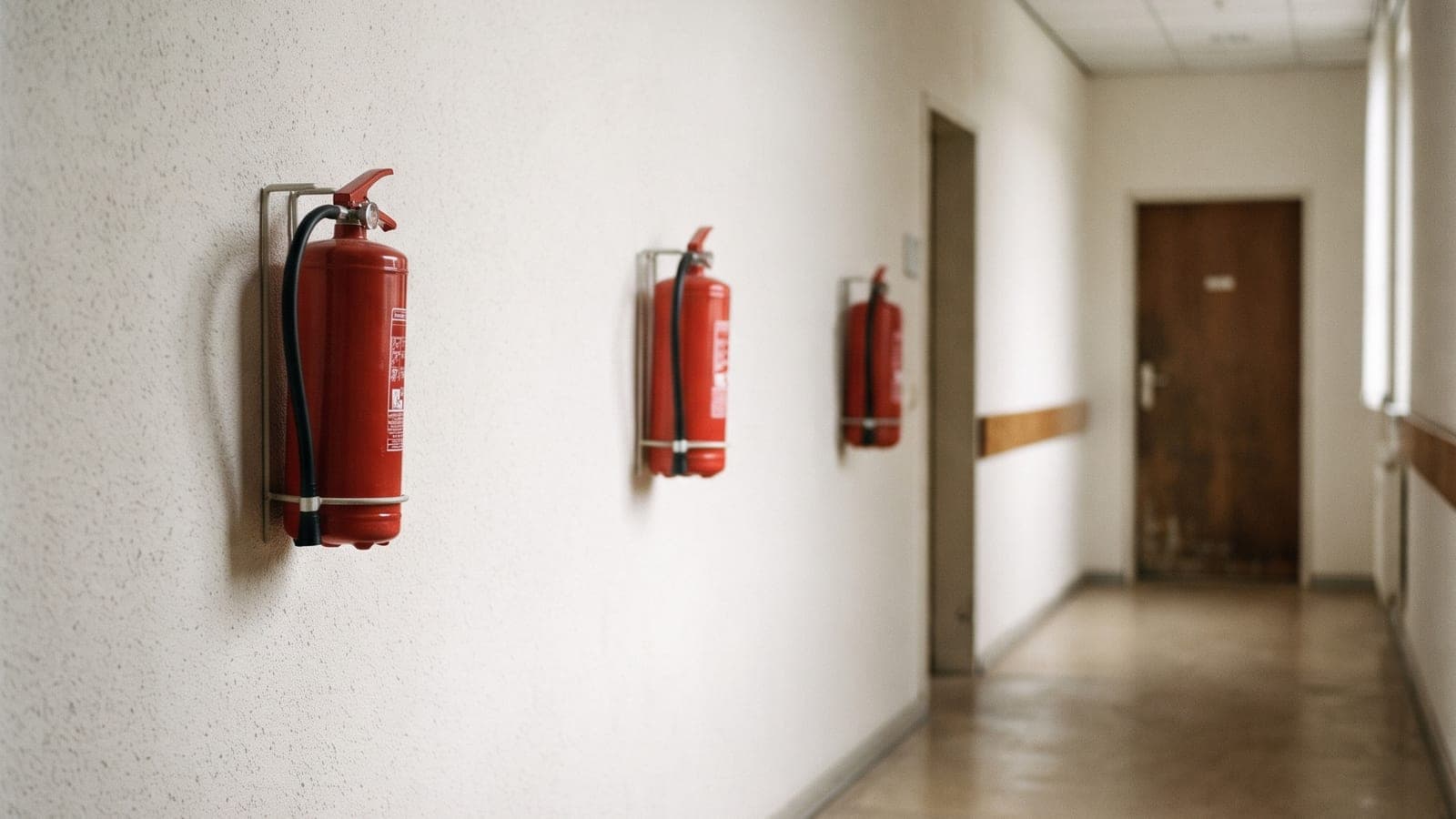Drei Feuerlöscher nebeneinander an der Wand eines Bürokorridors