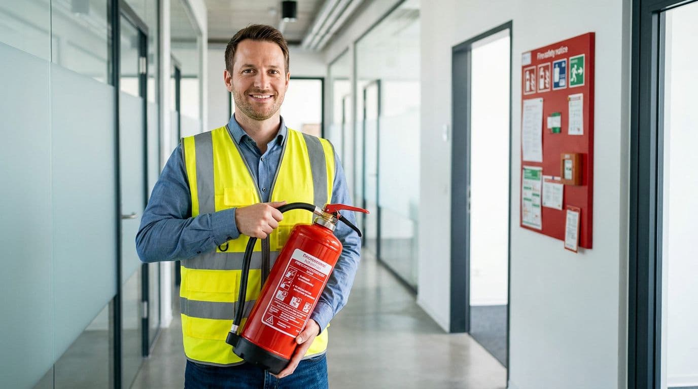 Mitarbeiter in Warnweste mit Feuerlöscher in einem Büroflur als Brandschutzhelfer