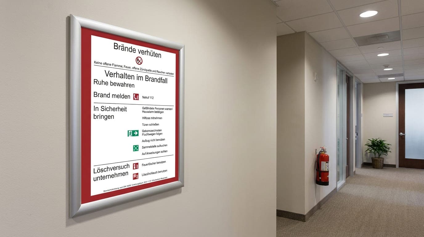 Sachkundiger prüft einen Feuerlöscher mit Prüfplakette in einem Bürokorridor