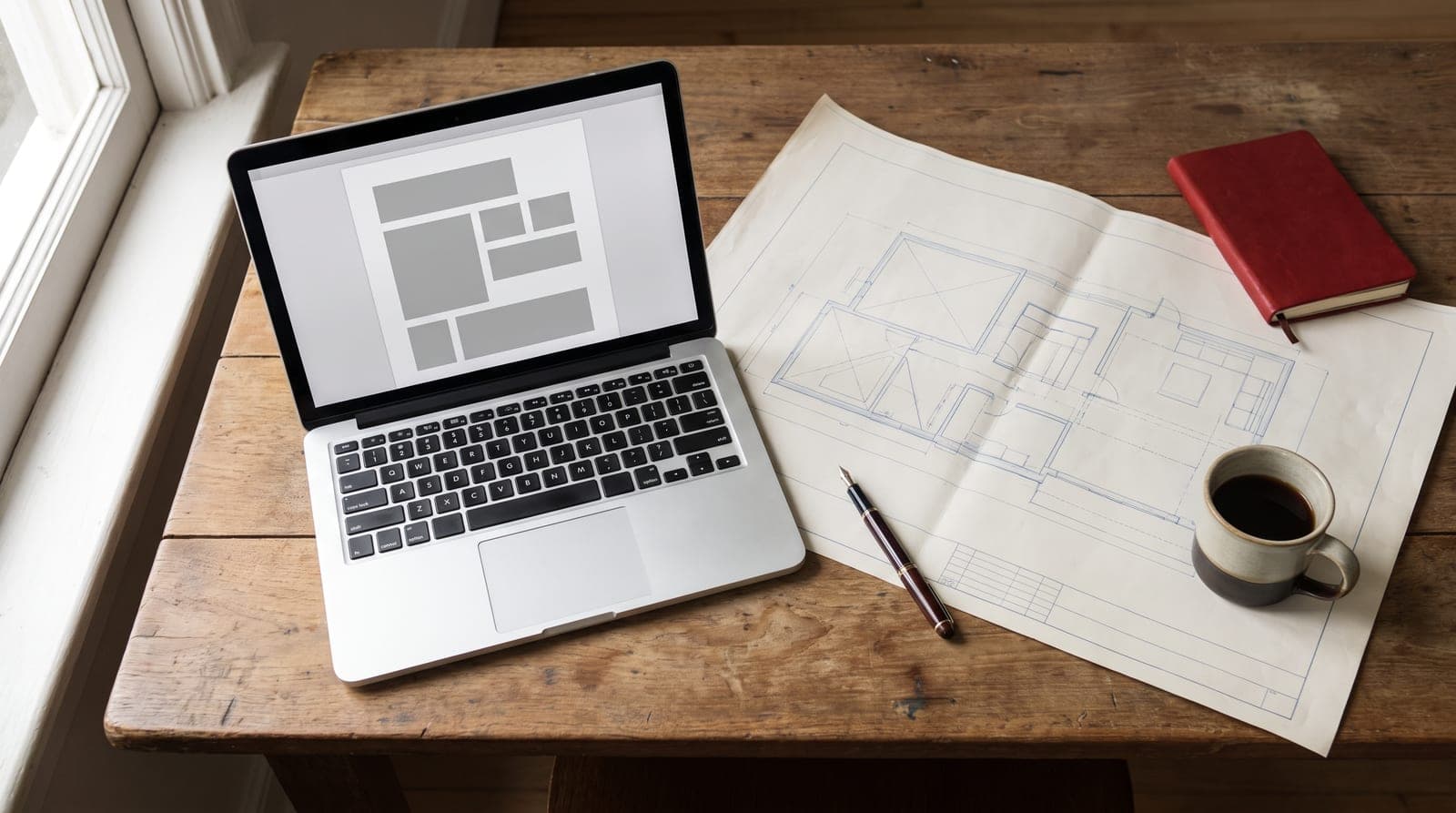 Schreibtisch mit Laptop, Bauplan und Notizbuch beim Erstellen eines Dokuments