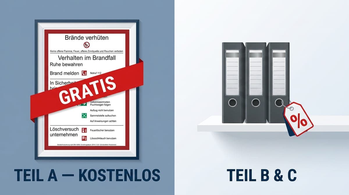 Vergleich Brandschutzordnung Teil A kostenlos gegenüber kostenpflichtiger Teil-B-und-C-Dokumentation