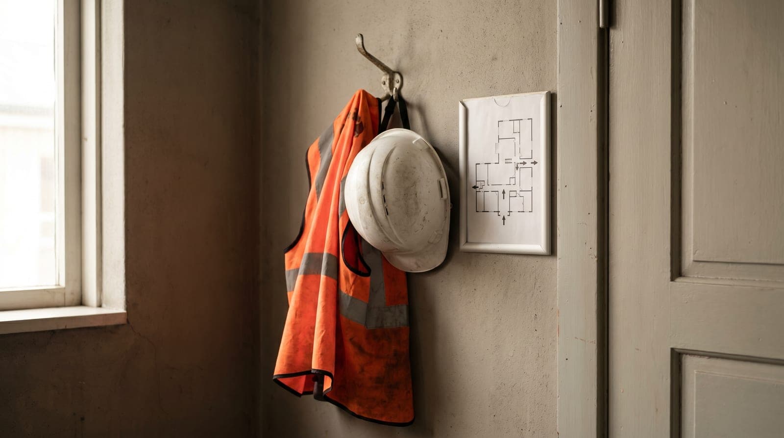 Warnweste und Schutzhelm neben einem Flucht- und Rettungsplan an der Wand