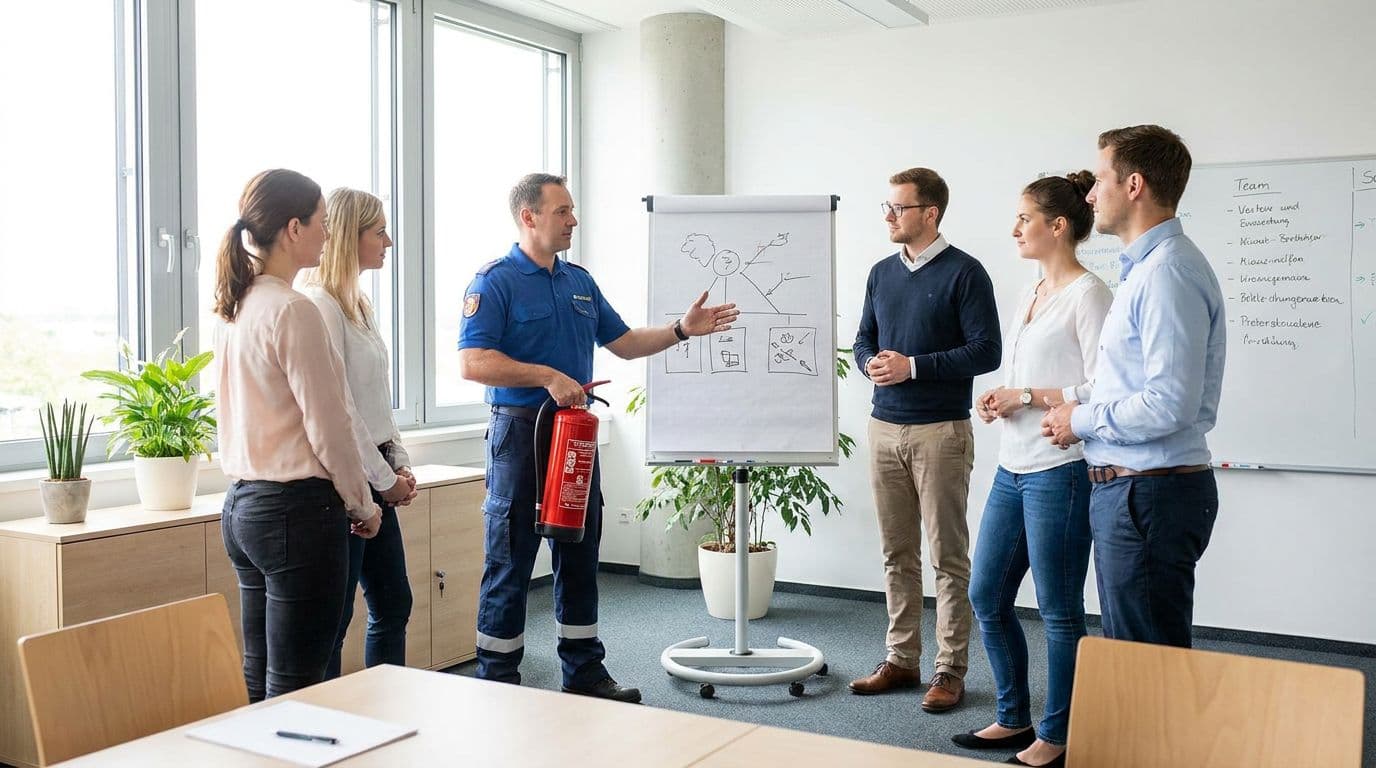 Trainer erklärt Mitarbeitenden in einem Seminarraum den Umgang mit dem Feuerlöscher