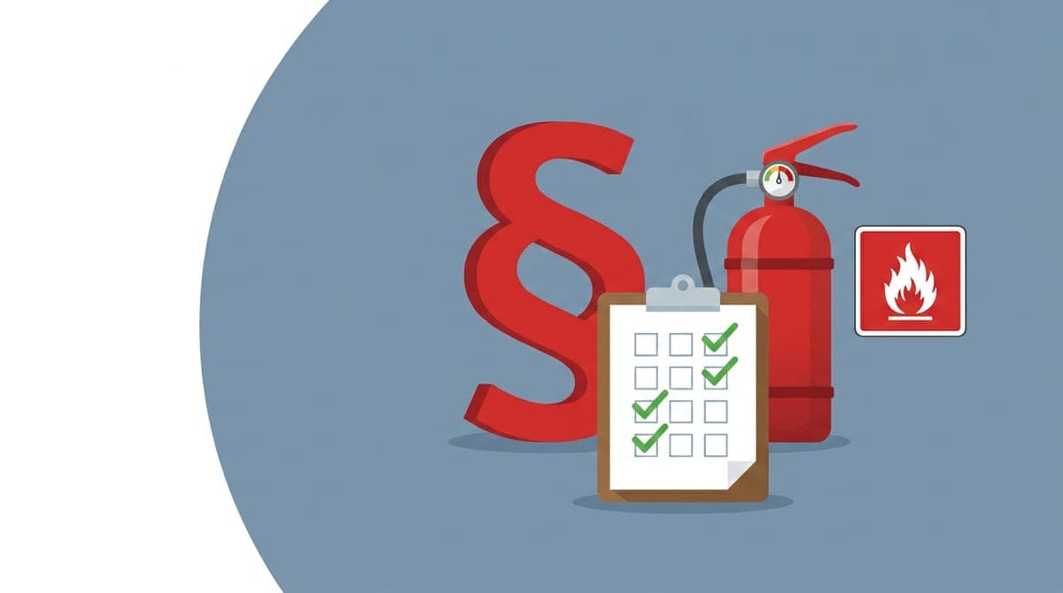 Paragraphen-Symbol, Feuerlöscher, Checkliste und Brandschutzschild als Symbol für die rechtliche Pflicht zur Brandschutzordnung