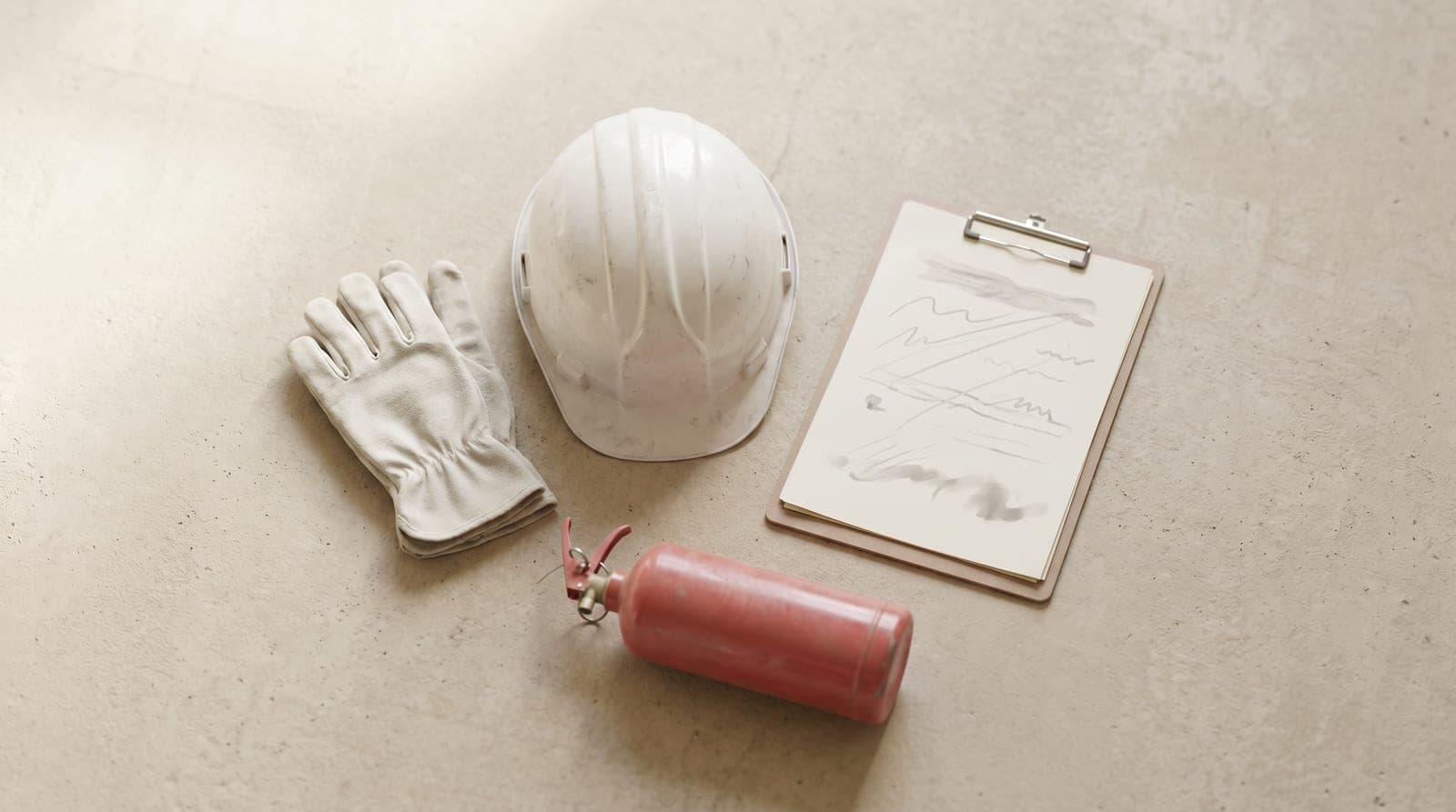 Schutzhelm, Handschuhe, Klemmbrett und Feuerlöscher als Ausrüstung einer fachkundigen Person