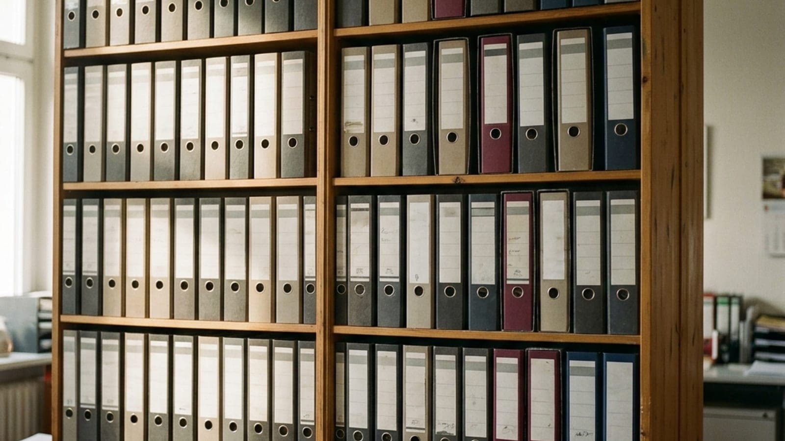 Regalwand mit dicht gestellten Aktenordnern in einem Verwaltungsbüro